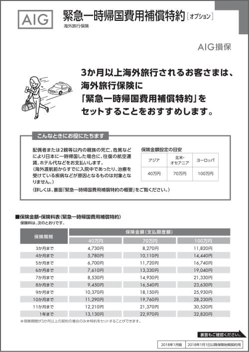 海外留学保険 オプション 緊急一時帰国費用補償特約