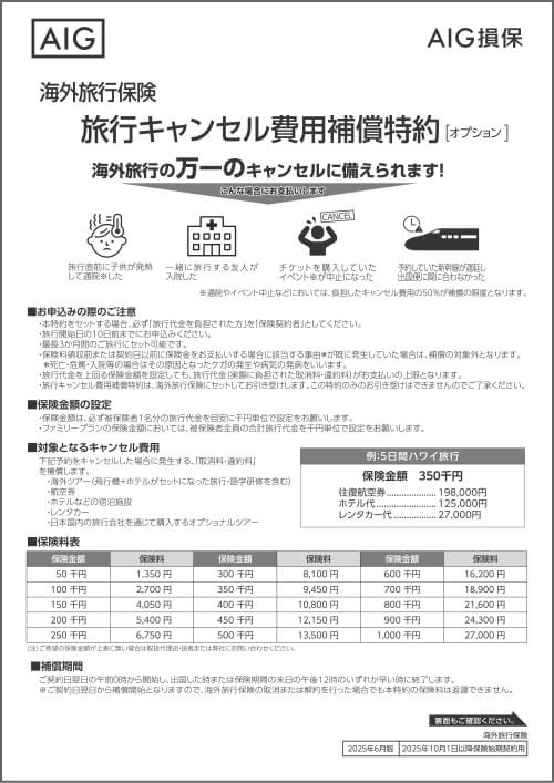 AIG損保の『海外旅行キャンセル保険』 旅行キャンセル費用補償特約 主な補償内容・特約のご説明 保険料